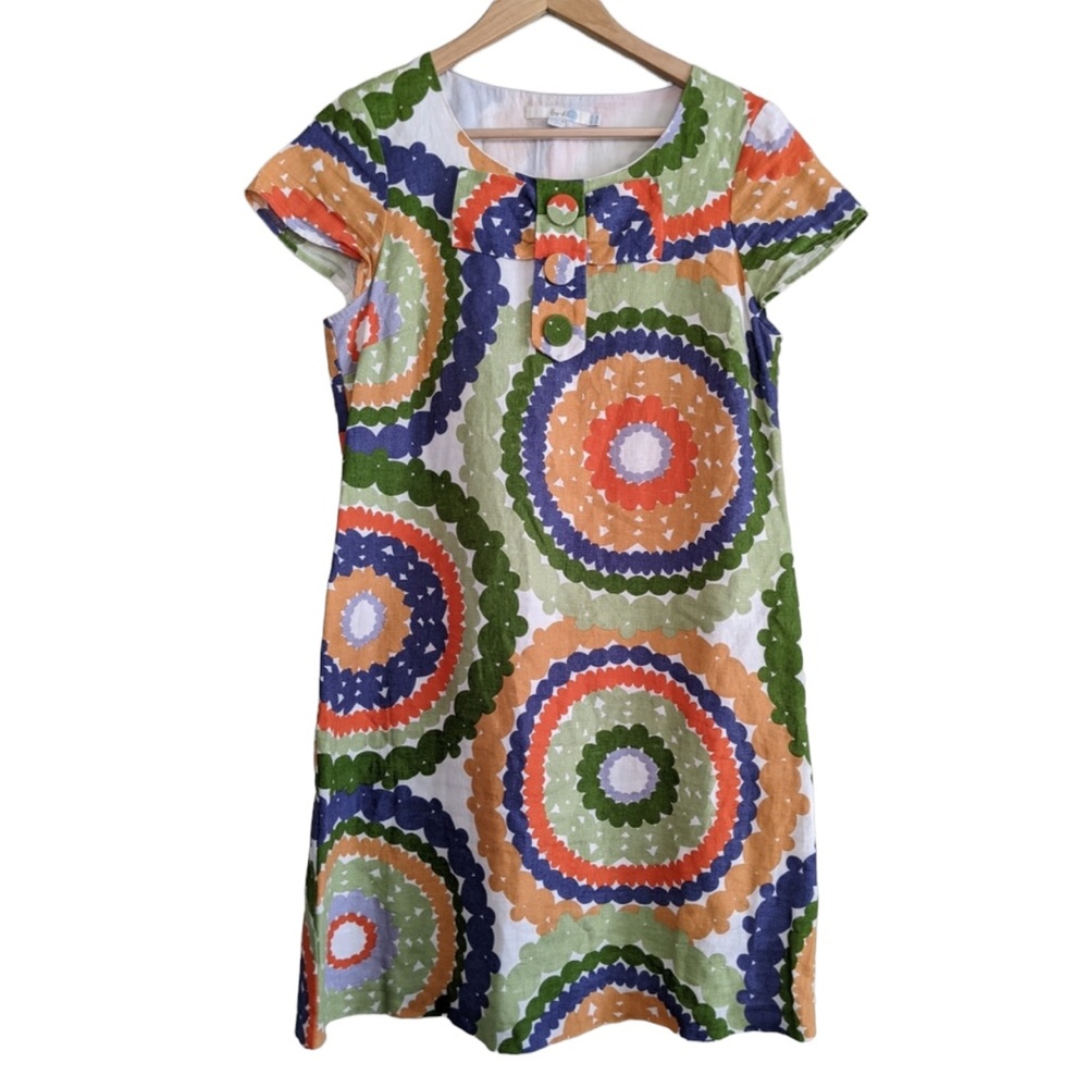 Boden Twiggy Linen Cap Sleeve Shift Dress Psychedelic Floral Circles Size 8